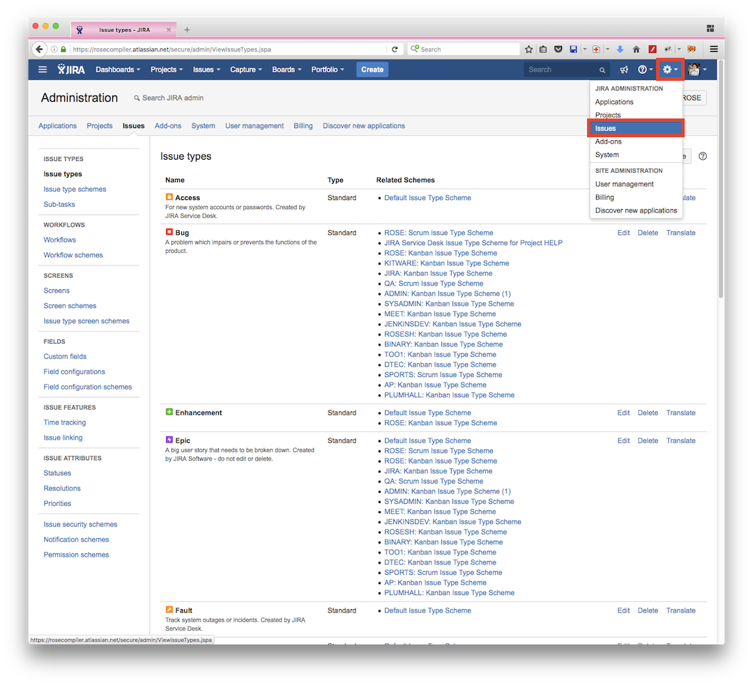 Navigate to 'JIRA Administration > Issues' from the main toolbar menu.